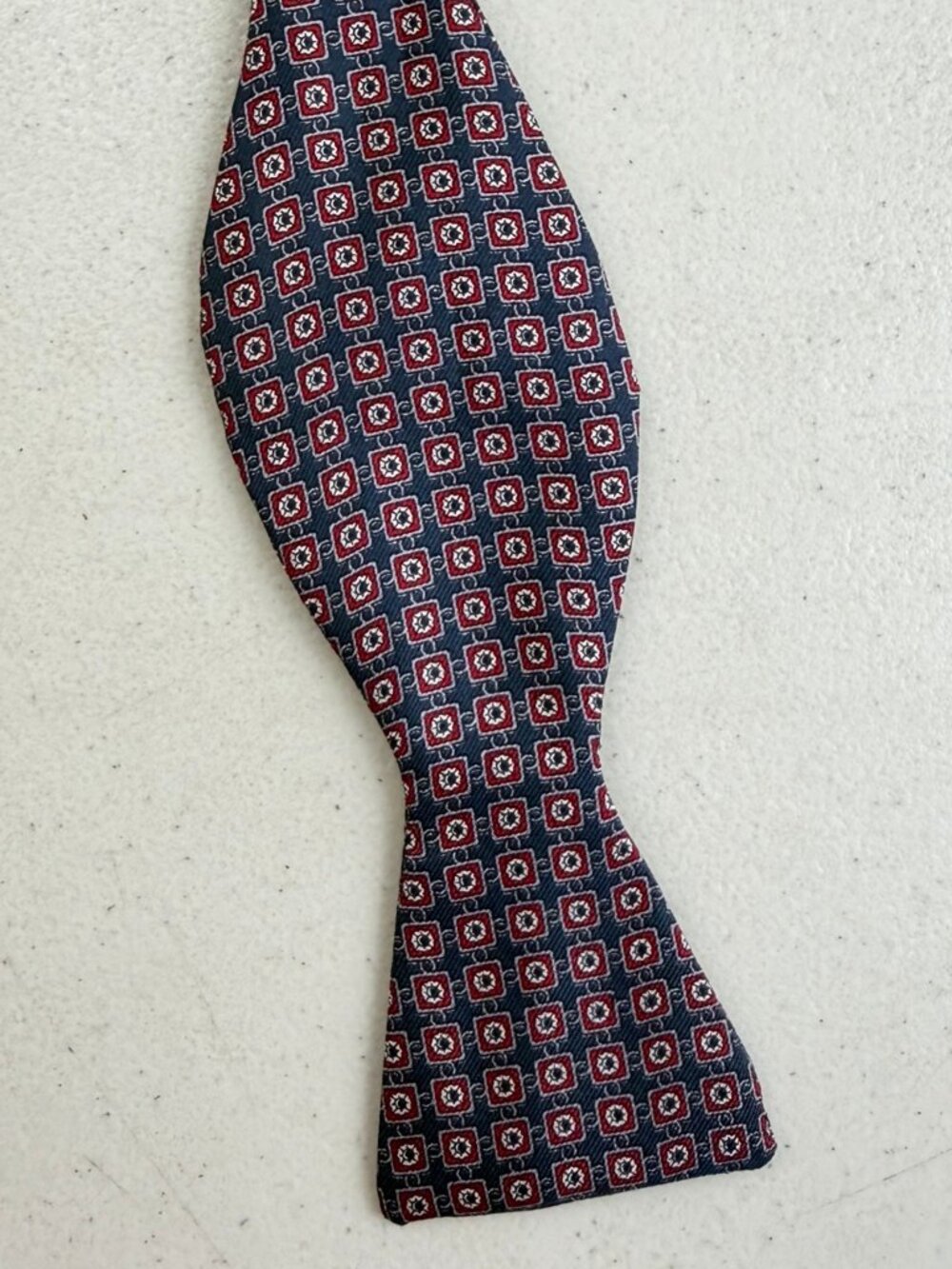 Vintage Geometric Print Silk Bow Tie 70s Gray/Red Squares Adjustable Bowtie